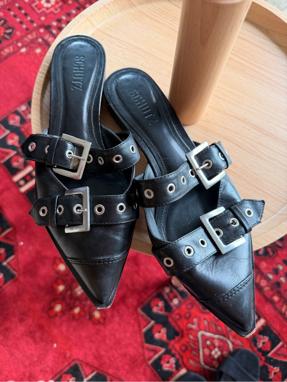 SCHUTZ Black Pointed Leather Buckle Mules
